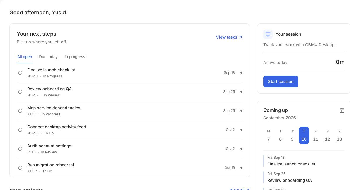 OBMX workspace showing projects and active work
